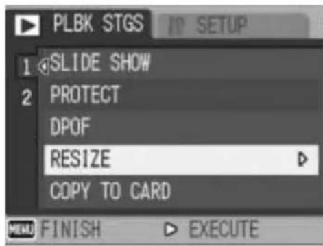PLBK STGS 1 SLIDE SHOW 2 PROTECT DPOF RESIZE COPY TO CARD MENU FINISH EXECUTE