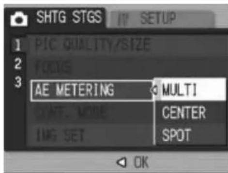SHTG STGS 1 PIC QUALITY/SIZE 2 FOCUS 3 AE METERING MULTI QUART, MODE CENTER IMG SET SPOT OK