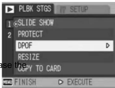 PLBK STGS 1 SLIDE SHOW 2 PROTECT DPOF RESIZE COPY TO CARD MENU FINISH EXECUTE