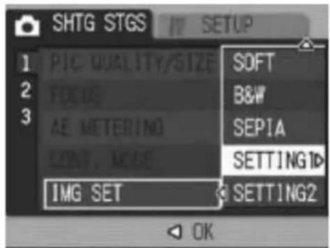 SHTG STGS SETUP 1 PIC QUALITY/SIZE SOFT 2 FOCUS B&W 3 AE METERING SEPIA CONT. MODE SETTING10 IMG SET SETTING2 OK