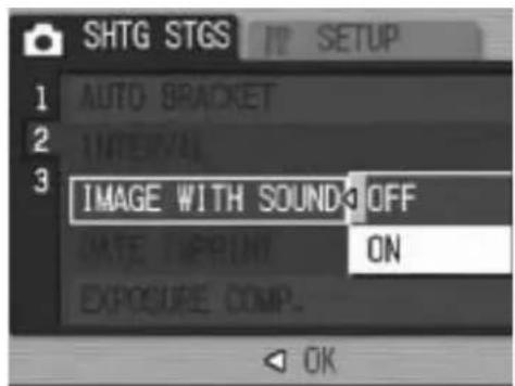 SHTG STGS IT SETUP 1 AUTO BRACKET 2 INTERVAL 3 IMAGE WITH SOUND OFF DATE PRINT ON EXPOSURE COMP. OK