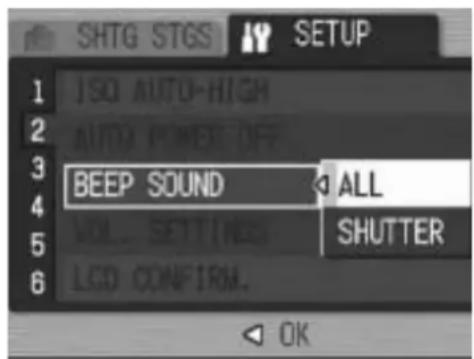 SHTG STGS SETUP 1 JSQ AUTO-HIGH 2 AUTO POWER OFF 3 BEEP SOUND ALL 4 VOL. SETTINGS SHUTTER 5 LCD CONFIRM. 6 OK