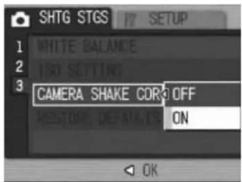 SHTG STGS IT SETUP WHITE BALANCE 120 SETTING CAMERA SHAKE CORO OFF RESTONE DEFAULT ON OK