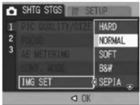 SHTG STGS 1 PIC QUALITY/SIZE 2 FOCUS 3 AE METERING CONT. MODE IMG SET HARD NORMAL SOFT B&W SEPIA OK