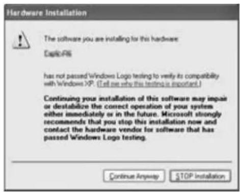 Hardware Installation The software you are installing for this hardware: DakoR has not passed Windows Logo testing to verify its compatibility with Windows XP. (I tell me why this testing is important.) Continuing your installation of this software may impair or destabilize the correct operation of your system either immediately or in the future. Microsoft strongly recommends that you stop this installation now and contact the hardware vendor for software that has passed Windows Logo testing. Continue Anyway STOP Installation