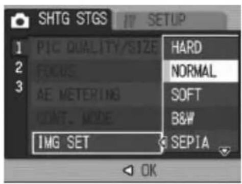 SHTG STGS 17 SETUP 1 PIC QUALITY/SIZE HARD 2 FOCUS NORMAL 3 AE METERING SOFT CONT. MODE B&W IMG SET SEPIA OK