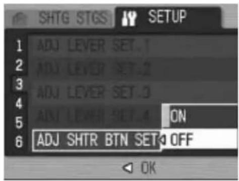 SHTG STGS SETUP 1 ADJ LEVER SET.1 2 ADJ LEVER SET.2 3 ADJ LEVER SET.3 4 ADJ LEVER SET.4 ON 5 ADJ LEVER SET.4 OFF 6 ADJ SHTR BTN SET0 OK