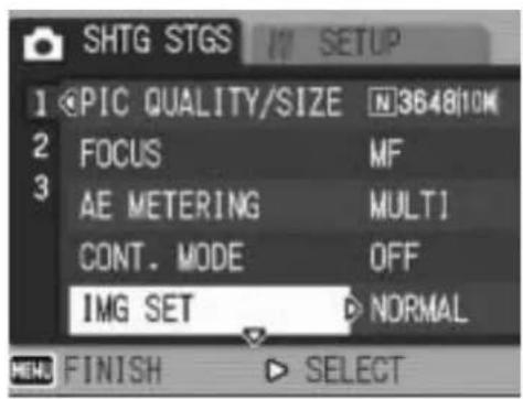 SHTG STGS SETUP 1 CPIC QUALITY/SIZE N3648(1CM) 2 FOCUS MF 3 AE METERING MULTI CONT. MODE OFF IMG SET NORMAL MENU FINISH SELECT