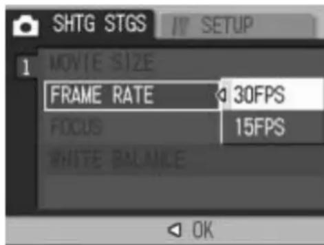 SHTG STGS 1 MOVIE SIZE FRAME RATE 30FPS FOCUS 15FPS WHITE BALANCE OK