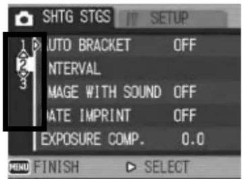 SHTG STGS IT SETUP AUTO BRACKET OFF INTERVAL MAGE WITH SOUND OFF RATE IMPRINT OFF EXPOSURE COMP. 0.0 MINI FINISH ▶ SELECT