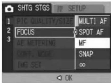 SHTG STGS 1 PIC QUALITY/SIZE 2 FOCUS 3 AE METERING 4 COMP. MODE 5 IMG SET MULTI AF SPOT AF MF SNAP ∞ OK
