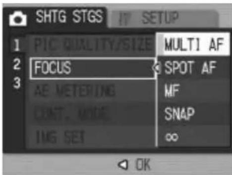 SHTG STGS IT SETUP PIC QUALITY/SIZE MULTI AF FOCUS SPOT AF AE METERING MF CONT. MODE SNAP IMG SET ∞ OK