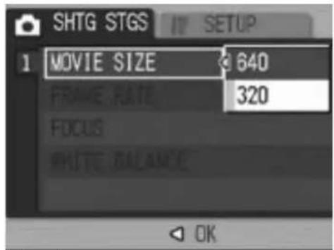 SHTG STGS 1 MOVIE SIZE 640 FRAME RATE 320 FOCUS WHITE BALANCE OK