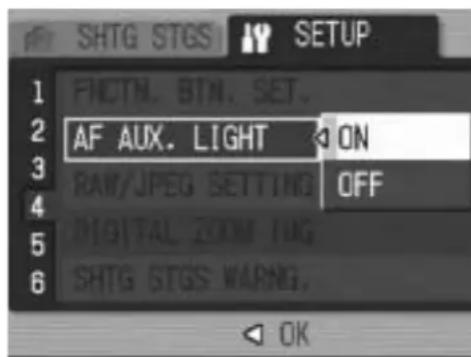 SHTG STGS SETUP 1 PHCTN, BTN, SET. 2 AF AUX. LIGHT ON 3 RAW/JPEG SETTING OFF 4 DIGITAL ZOOM TUG 5 SHTG STGS WARING. 6 OK