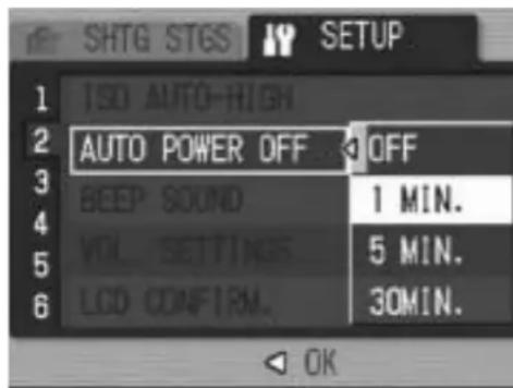 SHTG STGS SETUP 1 ISO AUTO-HIGH 2 AUTO POWER OFF OFF 3 BEEP SOUND 1 MIN. 4 VOL SETTINGS 5 MIN. 5 LCD CONFIRM. 30MIN. 6 OK