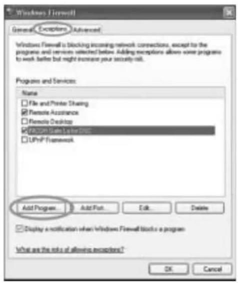 Windows Firewall General Exceptions Advanced Windows Firewall is blocking incoming network connections, except for the programs and services selected below. Adding exceptions allows some programs to work better but might increase your security risk. Programs and Services: Name File and Printer Sharing Remote Assistance Remote Desktop Risdom Gate Lower Drive UPnP Framework Add Programs... Add Port... Edit... Delete Display a notification when Windows Firewall blocks a program What are the risks of allowing exceptions? OK Cancel
