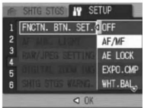 SHTG STGS SETUP 1 FNCTN. BTN. SET. OFF 2 AF MILK LIGHT 3 RANK/JPEG SETTING 4 DIGITAL FROM ING 5 SHTG STGS WARNING. 6 AF/MF AE LOCK EXPO.CMP WHT.BAL OK