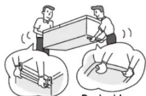 Illustration showing two people handling a table with hand gestures, accompanied by magnified views of the table and hand positioning.