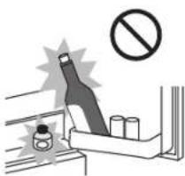 Safety warning illustration showing a bottle being stopped by a barrier with a 'no' symbol and explosion effect