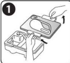 Illustration of a hand placing a device into a container with an arrow indicating motion (no text or symbols)