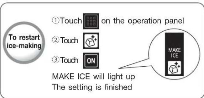 To restart ice-making ①Touch on the operation panel ②Touch ③Touch ON MAKE ICE will light up The setting is finished