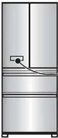 Illustration of a refrigerator with a hanging cable and a small rectangular component on top (no text or symbols)