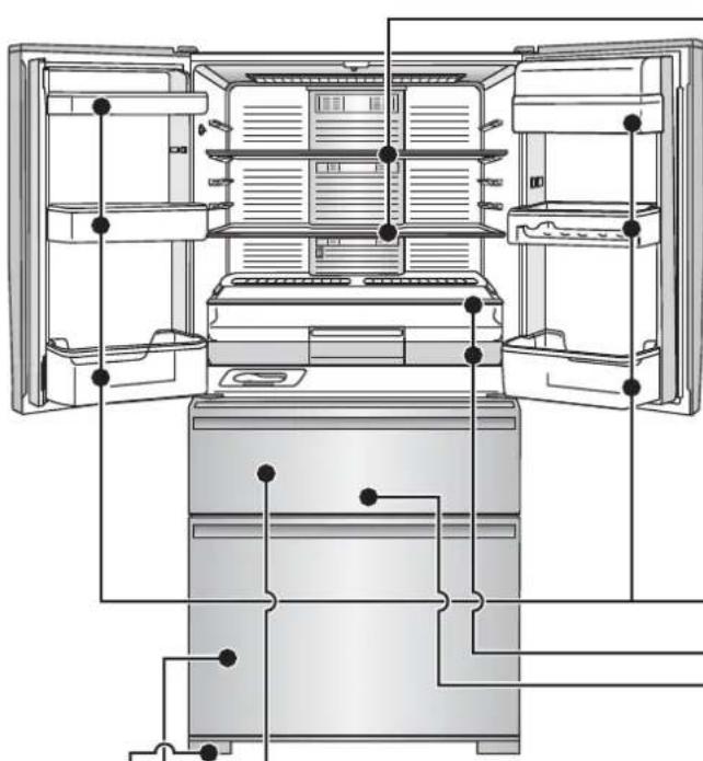 Technical line drawing of an internal refrigerator with open doors and ventilation slots (no text or labels)