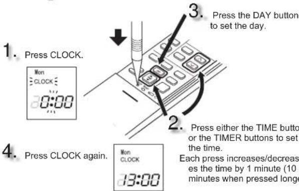 1. Press CLOCK. Mon CLOCK 0:00 2. Press the DAY button to set the day. 3. Press either the TIME button or the TIMER buttons to set the time. 4. Press CLOCK again. Mon CLOCK 13:00 Each press increases/decreas es the time by 1 minute (10 minutes when pressed longe