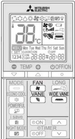 MITSUBISHI ELECTRIC 30°C WEEKLY Mon Tue Wed Thu Fri Sat Sun SET CLOCK ON OFF 1234 ON 28:00-28:00 TEMP OFF/ON MODE FAN LONG ECONO COOL VANE WIDE VANE POWERFUL I save ON NIGHT MODE ON ON TIMER OFF