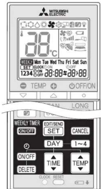 MITSUBISHI ELECTRIC 38°C WEEKLY Mon Tue Wed Thu Fri Sat Sun SET CLOCK ON OFF 1234 ON OFF 08:00 08:00 TEMP OFF/ON WEEKLY TIMER EDIT/SEND CANCEL ON/OFF SET DAY 1~4 ON/OFF TIME DELETE TEMP CLOCK RESET