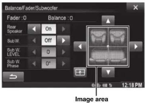 Balance/Fader/Subwoofer Fader :0 Balance :0 Rear Speaker On Sub W. Off Sub W. LEVEL 0 Sub W. Phase 0* Image area 12:18 PM