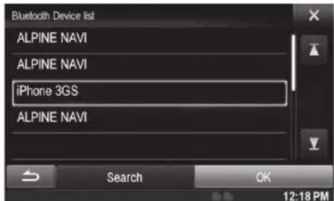 Bluetooth Device list ALPINE NAVI ALPINE NAVI iPhone 3GS ALPINE NAVI Search OK 12:18 PM