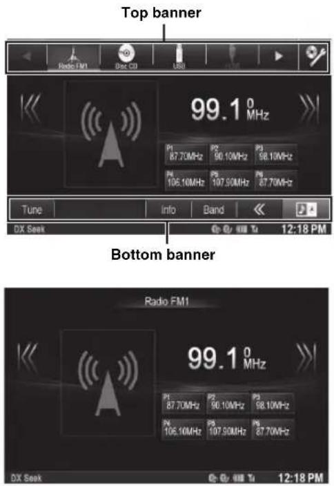 Top banner Radio FM1 Disc CD USB 99.1 0 MHz P1 87.70MHz P2 90.10MHz P3 98.10MHz P4 106.10MHz P5 107.90MHz P6 87.70MHz Tune info Band DX Seek 12:18 PM Bottom banner Radio FM1 99.1 0 MHz P1 87.70MHz P2 90.10MHz P3 98.10MHz P4 106.10MHz P5 107.90MHz P6 87.70MHz DX Seek 12:18 PM