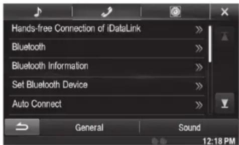 Hands-free Connection of iDataLink Bluetooth Bluetooth Information Set Bluetooth Device Auto Connect General Sound 12:18 PM