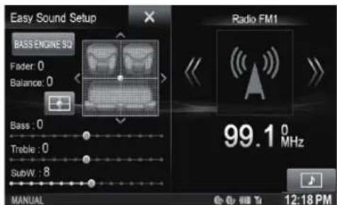Easy Sound Setup BASS ENGINE SQ Fader: 0 Balance: 0 Bass: 0 Treble: 0 SubW: 8 MANUAL Radio FM1 99.1 0 MHz 12:18 PM
