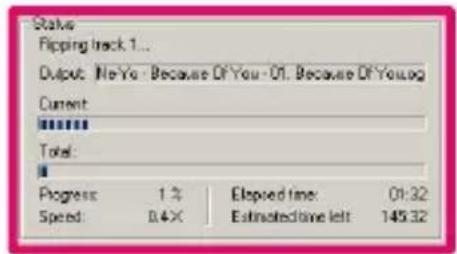 Status Fipping track 1... Output: No Yo - Because Of You - Of1. Because Of You log Current Total: Progress 1 % Elapsed time: 01:32 Speed: 0.4× Estimated time left 145.32