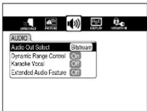 AUDIO Audio Out Select Bitstream Dynamic Range Control On Karaoke Vocal Off Extended Audio Feature Off