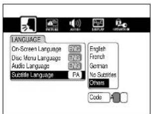 LANGUAGE On-Screen Language ENG Disc Menu Language ENG Audio Language ENG Suchtle Language PA English French German No Subtriles Others Code A