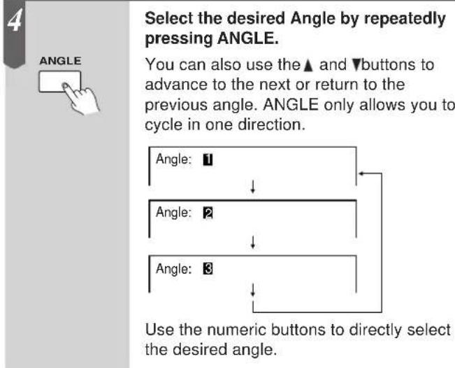 Select the desired Angle by repeatedly pressing ANGLE. You can also use the ▲ and ▼buttons to advance to the next or return to the previous angle. ANGLE only allows you to cycle in one direction. Angle: 1 ↓ Angle: 2 ↓ Angle: 3 ↓ Use the numeric buttons to directly select the desired angle.