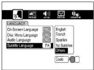 LANGUAGE On-Screen Language ENG Disc Menu Language ENG Audio Language ENG Scribe Language PA English French Spanish No Substites Others Code A