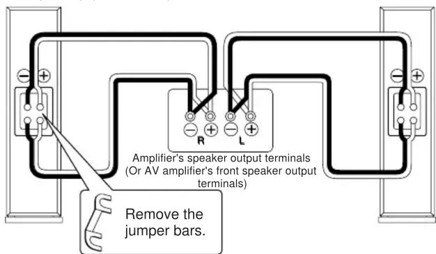 Amplifier's speaker output terminals (Or AV amplifier's front speaker output terminals) Remove the jumper bars.