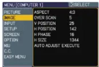 MENU [COMPUTER 1] 3:SELECT PICTURE ASPECT 4:3 IMAGE OVER SCAN 5 INPUT V POSITION 25 SETUP H POSITION 142 SCREEN H PHASE 16 OPTION H SIZE 1344 MIU AUTO ADJUST EXECUTE C.C. EASY MENU