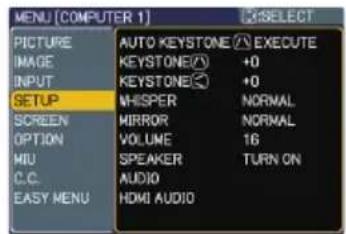 MENU (COMPUTER 1) 3:SELECT PICTURE AUTO KEYSTONE Ⓧ EXECUTE IMAGE KEYSTONE(√) +0 INPUT KEYSTONE(√) +0 SETUP WHISPER NORMAL SCREEN MIRROR NORMAL OPTION VOLUME 16 MIU SPEAKER TURN ON C.C. AUDIO EASY MENU HDMI AUDIO