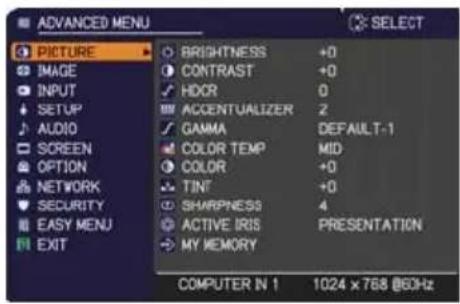 ADANCED MENU PICTURE IMAGE INPUT SETUP AUDIO SCREEN OPTION NETWORK SECURITY EASY MENU EXIT BRIGHTNESS +0 CONTRAST +0 HDR 0 ACCENTUALIZER 2 GAMMA DEFAULT-1 COLOR TEMP MID COLOR +0 TINT +0 SHARPNESS 4 ACTIVE IRIS PRESENTATION MY MEMORY COMPUTER IN 1 1024 x 768 @60Hz