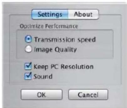 Settings About Optimize Performance Transmission speed Image Quality Keep PC Resolution Sound OK Cancel