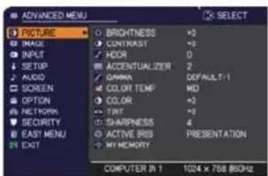 ADANCED MENU PICTURE ○ BRIGHTNESS +3 ● CONTRAST +3 ○ HOCR 0 ■ ACCENTUALIZER 2 ○ GAMMA DEFAULT-1 ○ COLOR TEMP MID ○ COLOR +3 ○ TEXT +3 ○ SHARPNESS 4 ○ ACTIVE IRIS PRESENTATION → MY MEMORY COMPUTER IN 1 1024 x 758.86GHz