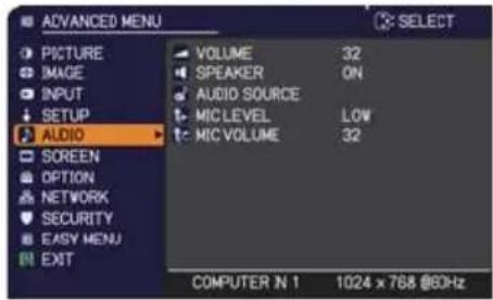 ADVANCED MENU PICTURE IMAGE INPUT SETUP AUDIO SCREEN OPTION NETWORK SECURITY EASY MENU EXIT VOLUME 32 SPEAKER ON AUDIO SOURCE MICLEVEL LOW MIC VOLUME 32 COMPUTER N 1 1024 x 768 @60Hz