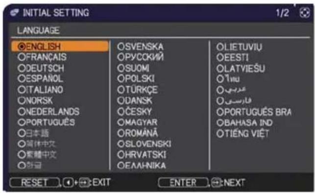 INITIAL SETTING LANGUAGE ●ENGLISH ○FRANÇAIS ○DEUTSCH ○ESPAÑOL ○ITALIANO ○NORSK ○NEDERLANDS ○PORTUGUÊS ○日本語 ○简体中文 ○繁體中文 ○彭國 OSVENSKA OPYCCKIЙ OSUOM OPOLSKI OTÜRKÇE ODANSK OCESKY OMAGYAR OROMÁNÃ OSLOVENSKI OHRVATSKI OEALHNIKA OLIETUVIU OEESTI OLATVIEŞU O1nu Øgriyi OFARASI OPORTUGUÊS BRA OBAHASA IND OTIÉNG VIÊT RESET EXIT ENTER NEXT