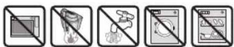 Five safety symbols including a microwave oven, light bulb, shower, washing machine, and refrigerator with no accompanying text.