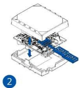 Technical diagram of a device with labeled components and directional arrows, showing internal structure and blue highlighted section.